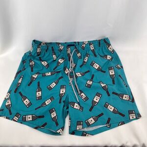 Rainforest Mens Teal Wine Bottle Print Swim Trunks Size L Blue Beach Shorts